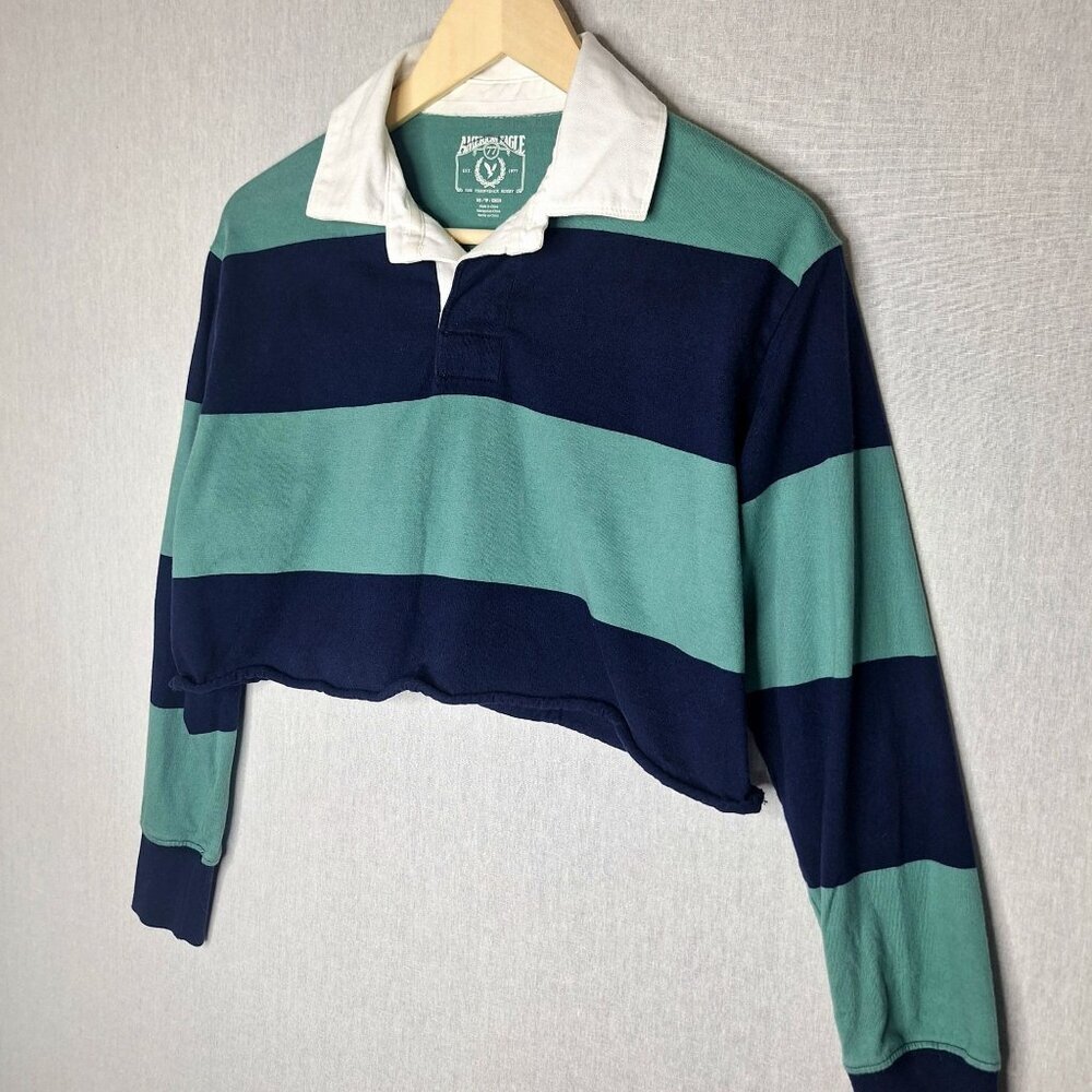 💙 American Eagle Oversized Rugby Shirt Cropped Size XS/S Trendy Cute Outfit - Picture 7 of 8